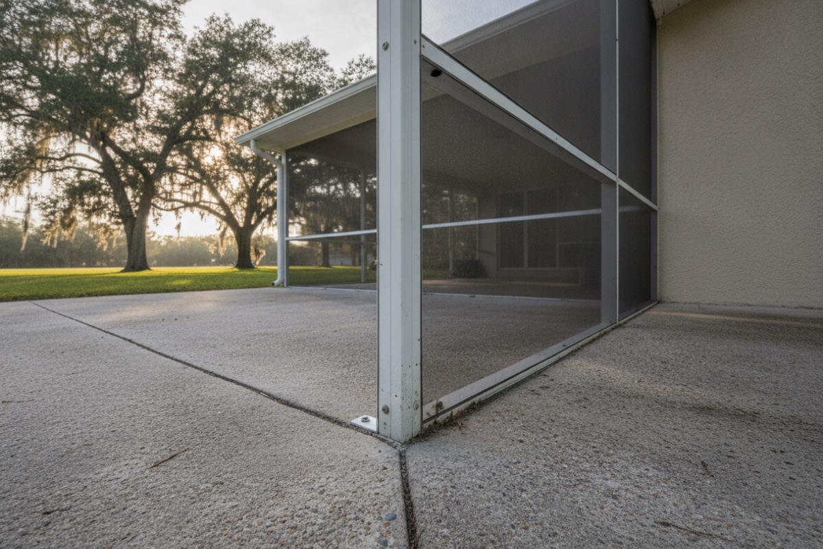 White aluminum screen-enclosure post bolted to a concrete patio at the corner of a house, with trees beyond the lawn