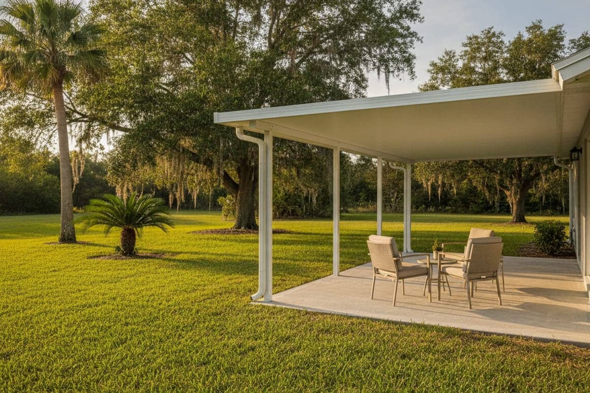 Insulated aluminum patio cover shading a rear patio at a Polk County home