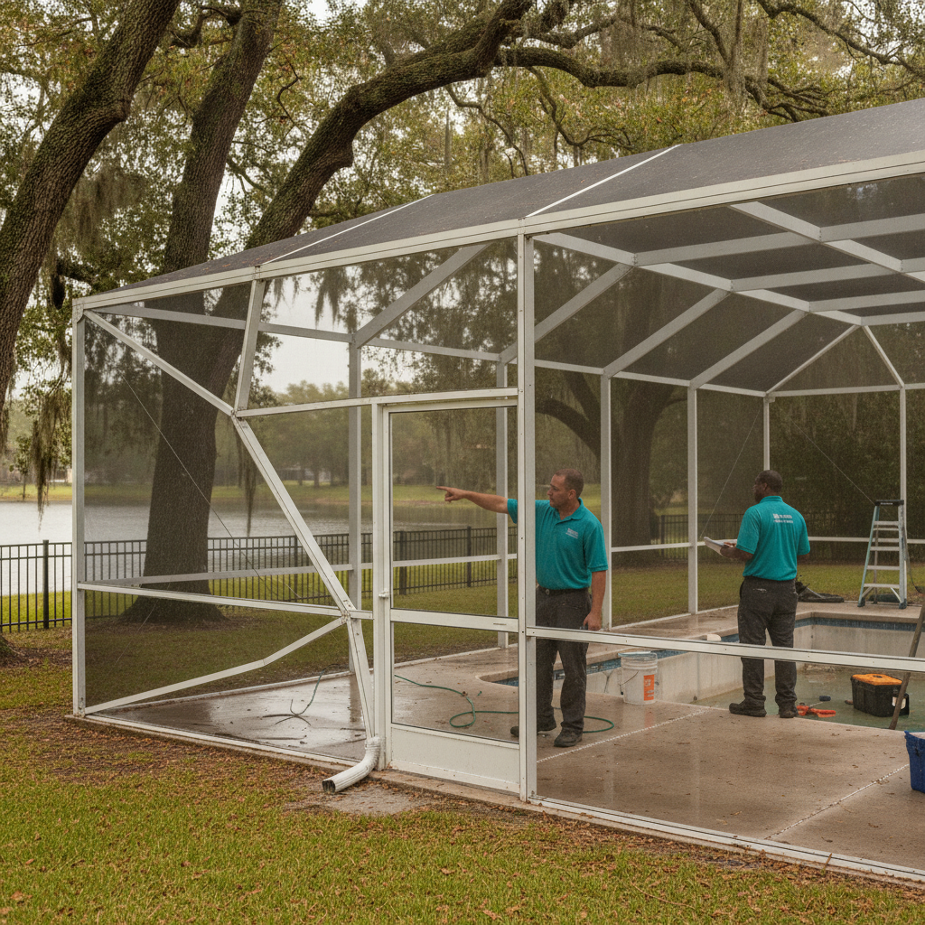 Lakeland backyard pool cage with a bent aluminum upright and kicked corner under live oaks after a storm