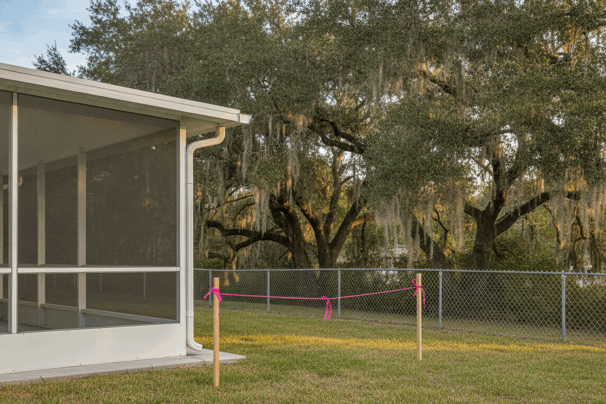 Wooden survey stakes with pink tape across a lawn beside a white screened porch, a chain-link fence, and moss-draped oaks