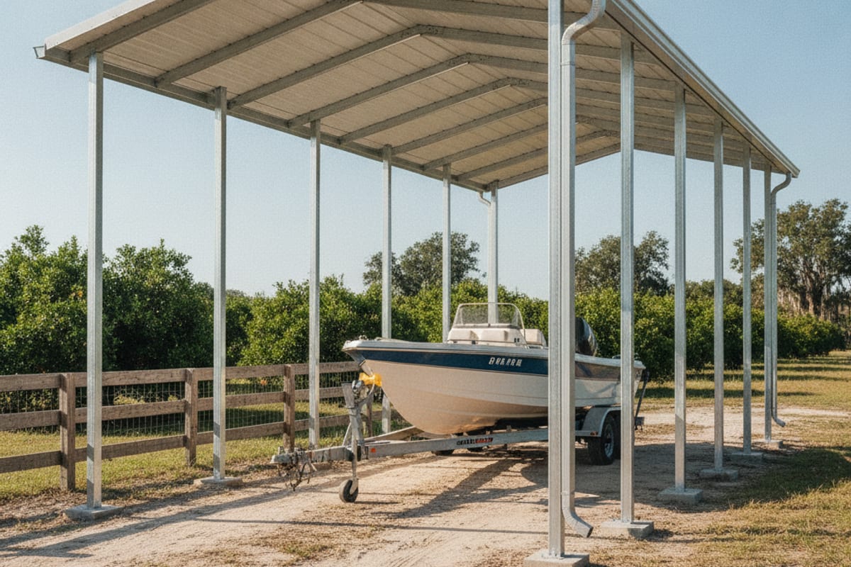 Freestanding aluminum carport with posts on every side covering a boat and trailer near Polk City