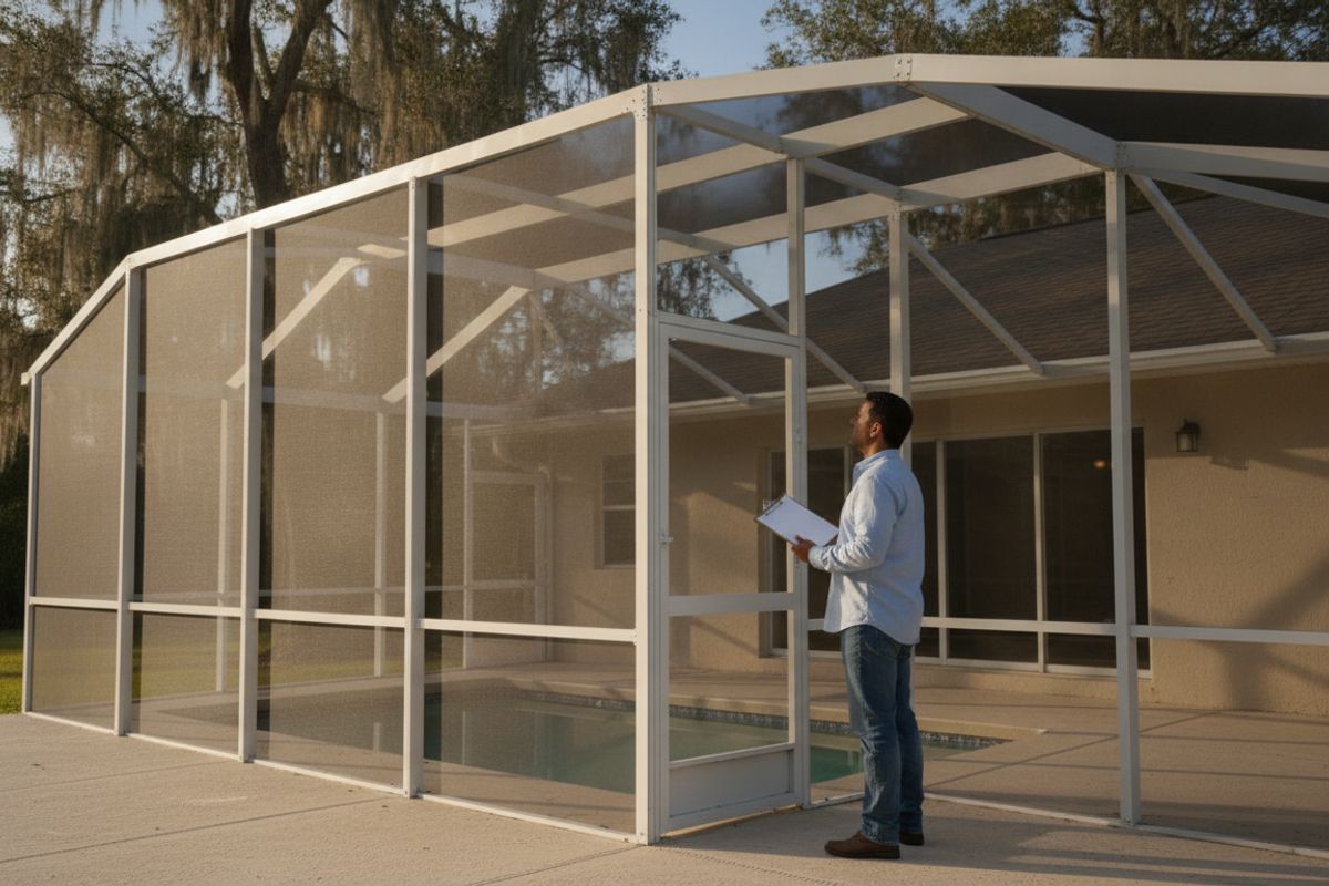 Homeowner with a clipboard inspecting the aluminum frame of a screened pool enclosure in Polk County