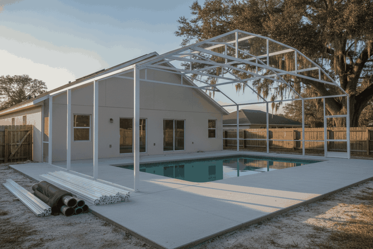 White aluminum pool-cage frame standing over a pool and new concrete deck, with aluminum pieces and screen rolls on the ground