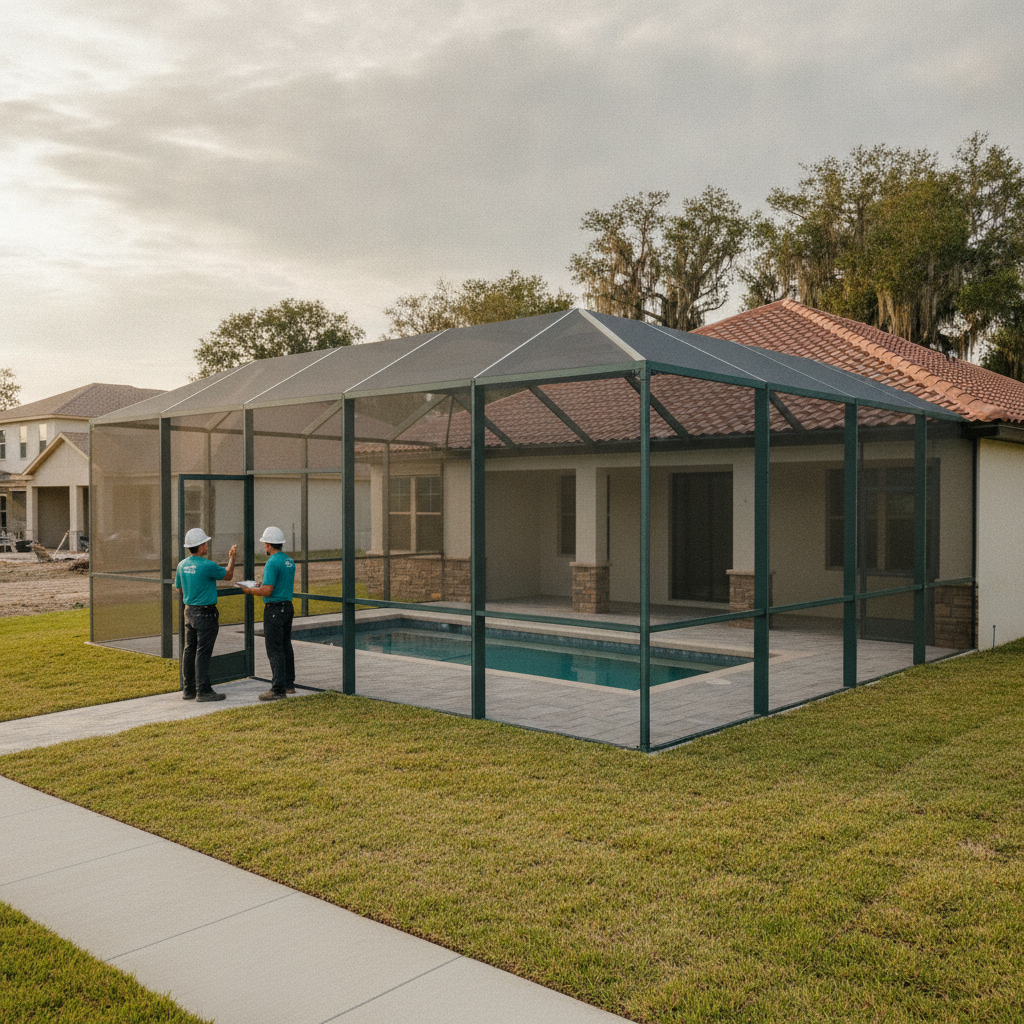 Screened pool cage on a new Davenport subdivision home in Polk County