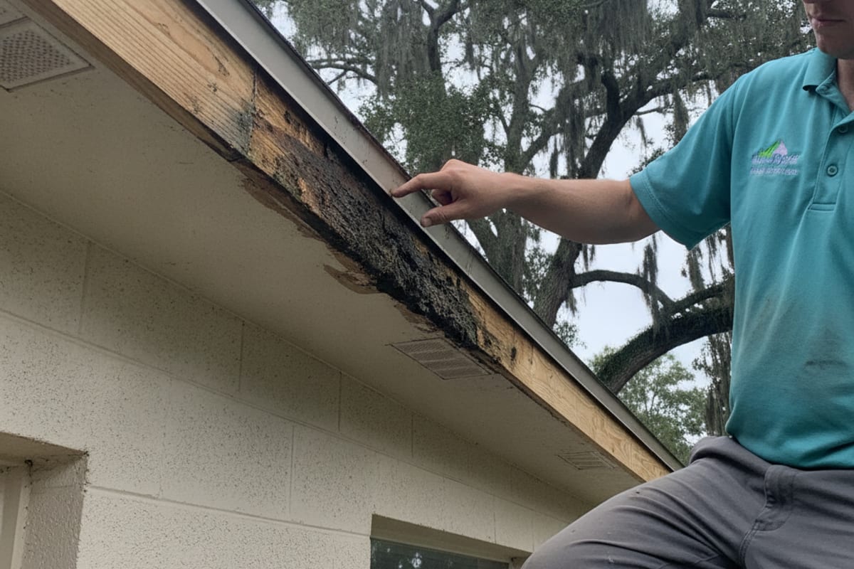 Dark crumbled fascia under a white drip edge, with vented soffit below, and a person pointing at the damaged board