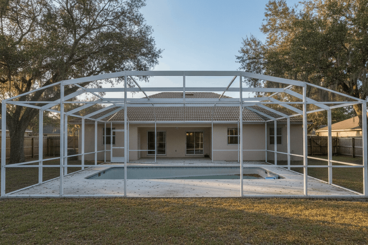 Bare white aluminum pool cage frame with no screen panels installed, standing over a Polk County pool and deck with no crew on site