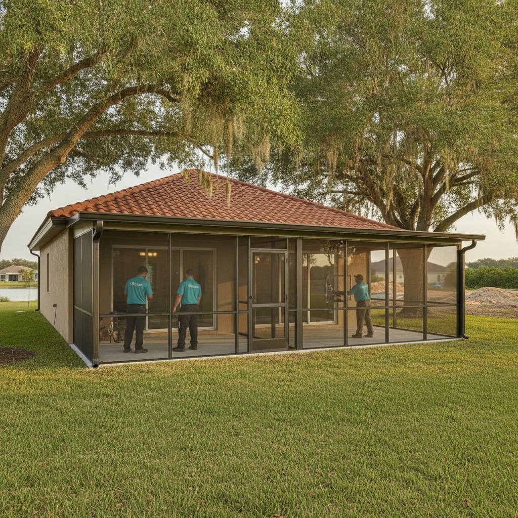 Screened Florida-style room beside a glass sunroom on an inland Polk County lot under live oaks