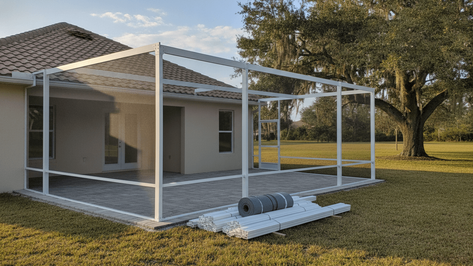 White aluminum screen-enclosure frame on a paver patio, with bundled extrusions and screen-mesh rolls on the grass