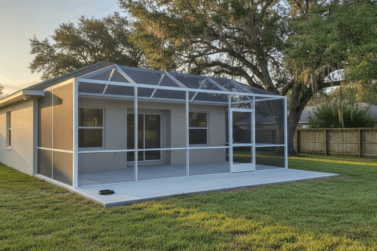 Newly completed white aluminum screen enclosure on the back of a single-story Polk County house at sunrise, screen drum-tight and the slab freshly swept, no crew on site