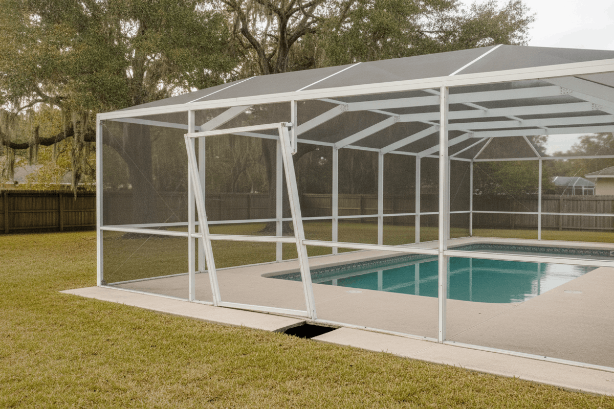 White aluminum pool cage over a Polk County pool with one screen wall section leaning out of plumb and its base lifted off the deck, no crew on site
