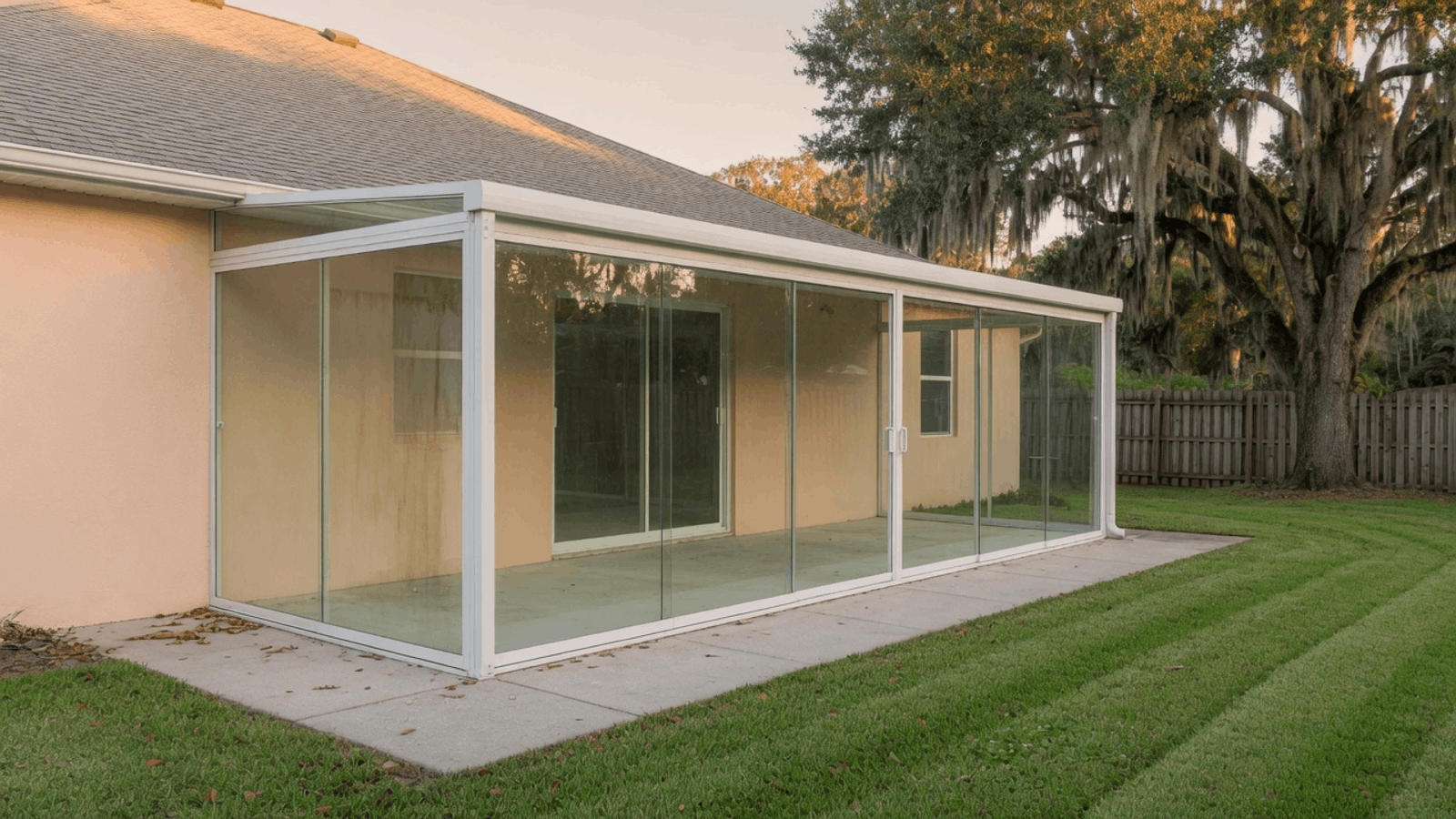 White aluminum glass lanai enclosure with sliding glass panels on a Polk County home, moss-draped live oak in the yard