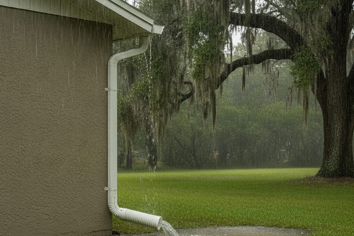 White aluminum downspout discharging roof runoff away from a Lakeland home foundation during a summer rain