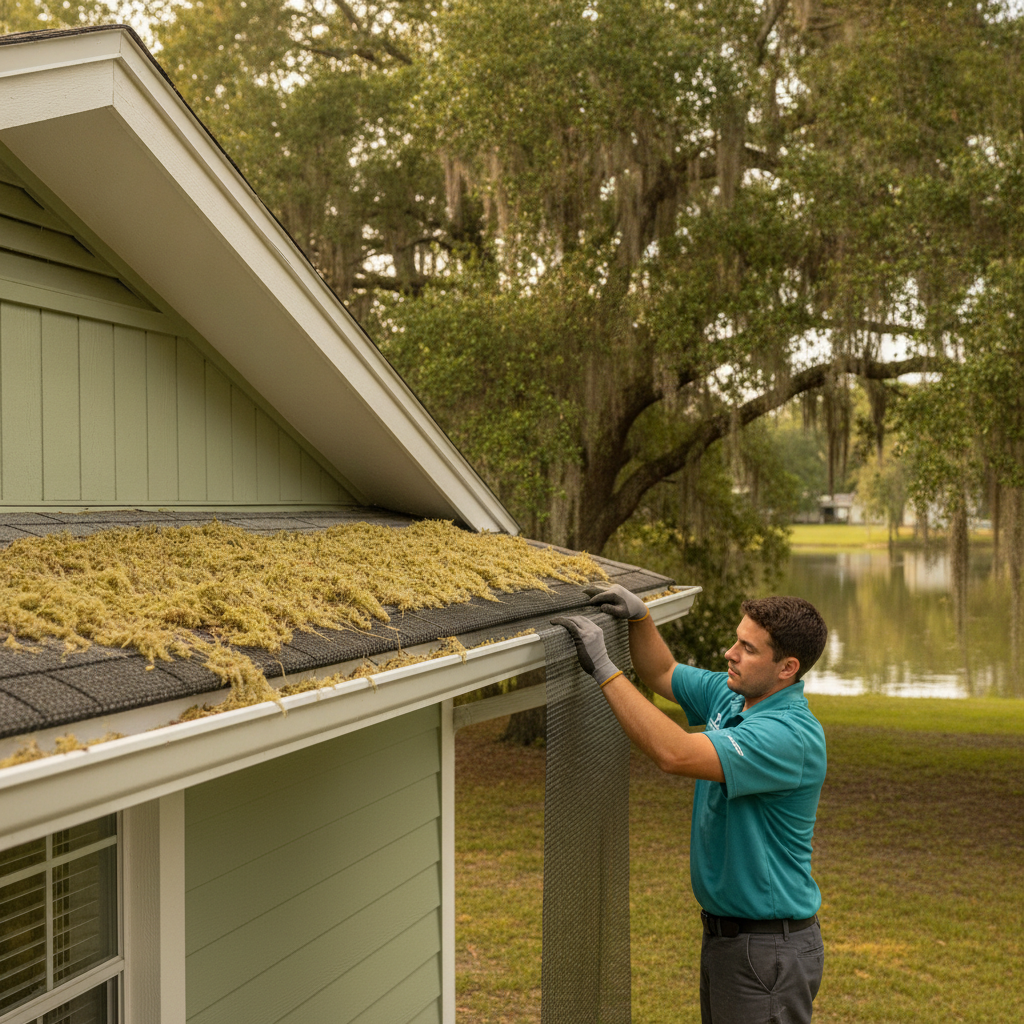 Live oak catkins matted on a coarse gutter screen along a Lakeland bungalow fascia