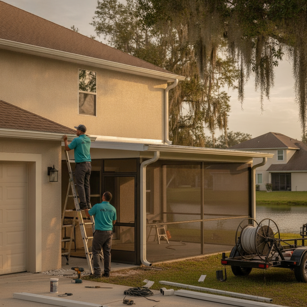 Aluminum seamless gutter hung on the fascia of a Lakeland, Florida house
