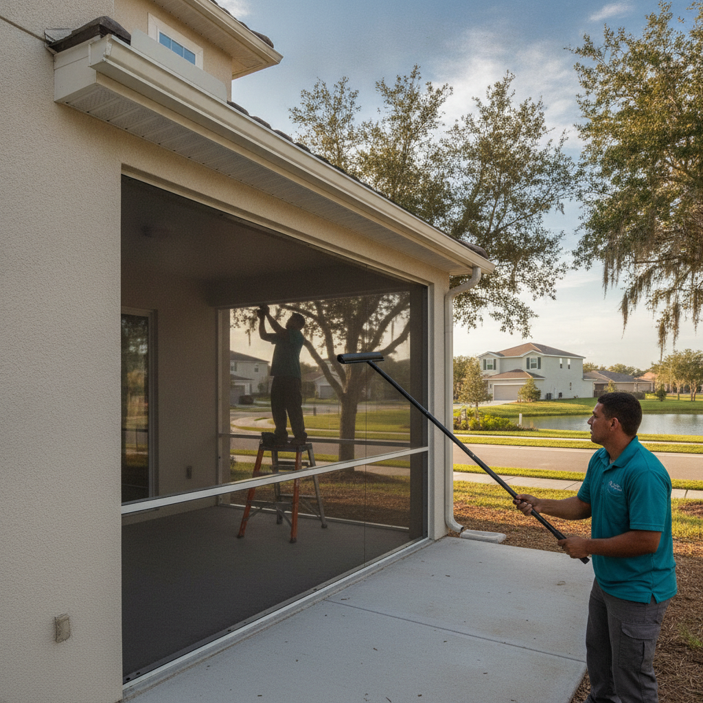 Aluminum screen panels going up on a bare builder-covered lanai at a new two-story house in a Haines City subdivision