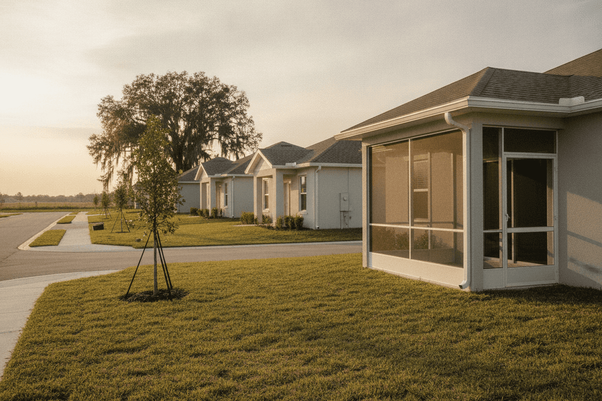 White-framed screen room on the back corner of a light-gray house in a newer Central Florida subdivision, with nearly identical homes lining the street behind it