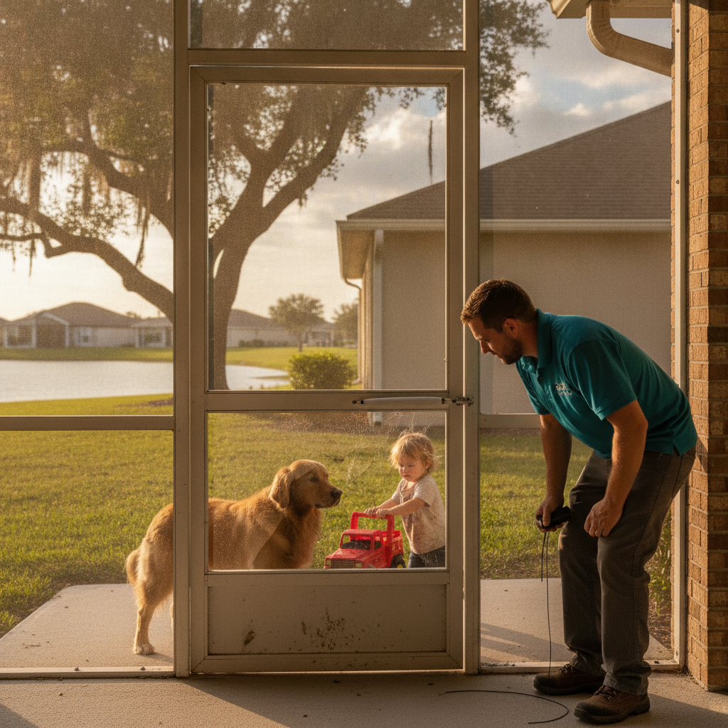 Lower aluminum kick plate on a Polk County pool cage screen door
