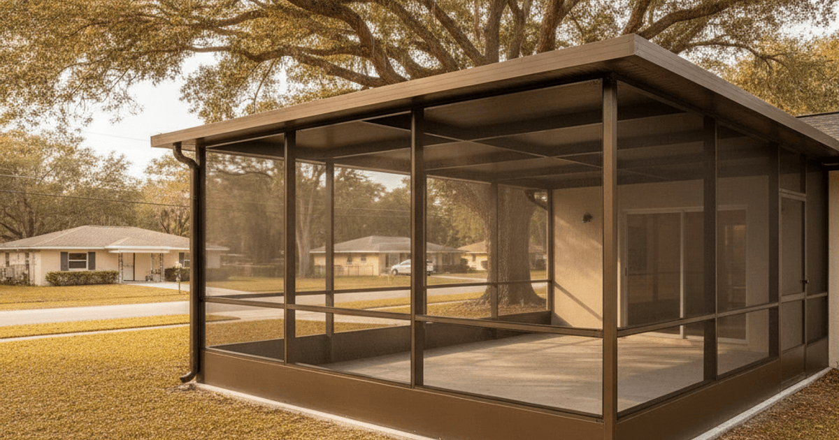 Aluminum screen enclosure frame standing over a rear patio at a Lakeland, Florida home