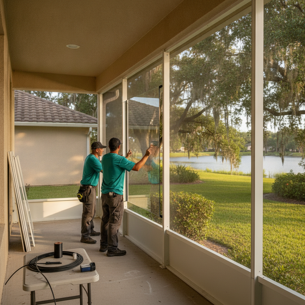 Clear acrylic panels in an aluminum lanai frame on a Lakeland patio