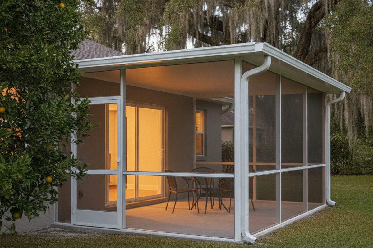 Screened aluminum lanai with a small table opening off sliding glass doors at a Lakeland home, no pool in view