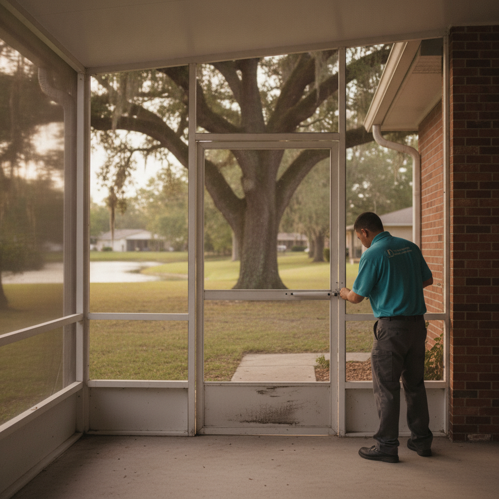 Lakeland lanai screen door with a scuffed kick plate on a brick bungalow patio under live oaks