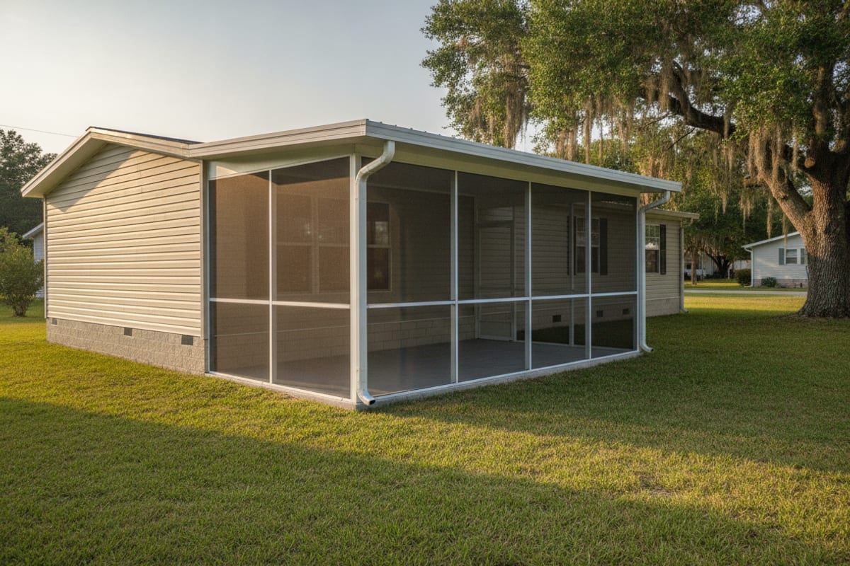 White aluminum screen room attached along the side of a light-colored manufactured home in Central Florida, with its own posts landing on a concrete slab