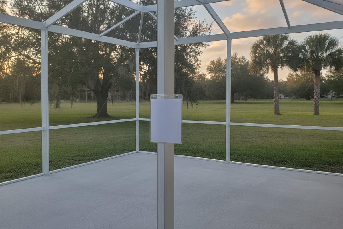 Clear plastic document sleeve on a white aluminum enclosure post over a concrete slab, with lawn and trees beyond the screen