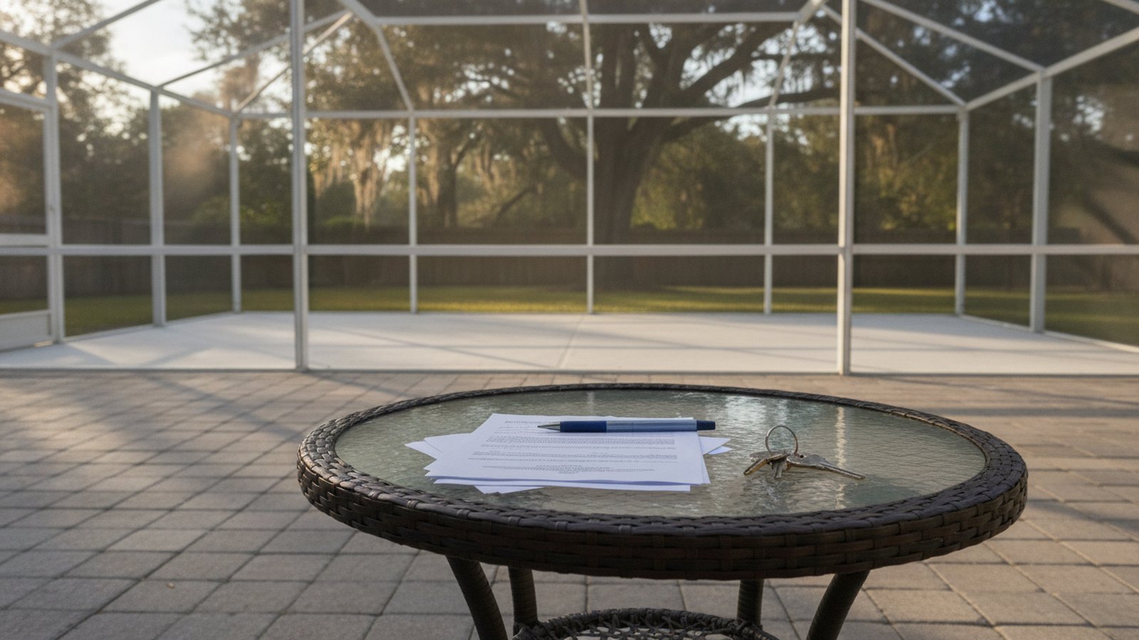 Stack of papers, a pen, and keys on a glass-topped patio table inside a white aluminum screen enclosure over pavers, with a moss-draped oak beyond the screen