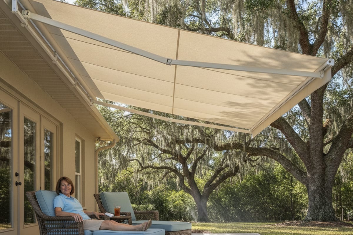 Motorized retractable awning extended over a rear patio at a Polk County home on a hot afternoon