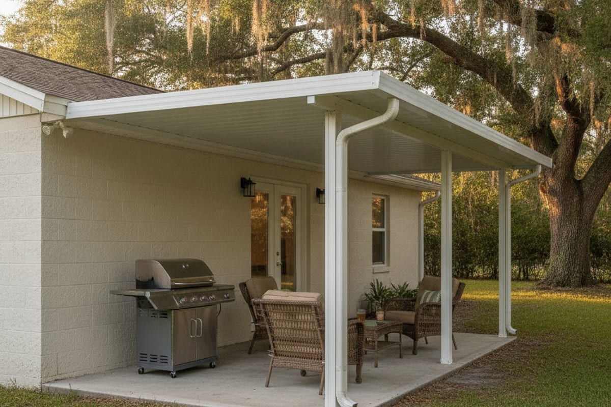 Attached aluminum patio cover with a flashed ledger connection shading a patio under live oaks in Lakeland