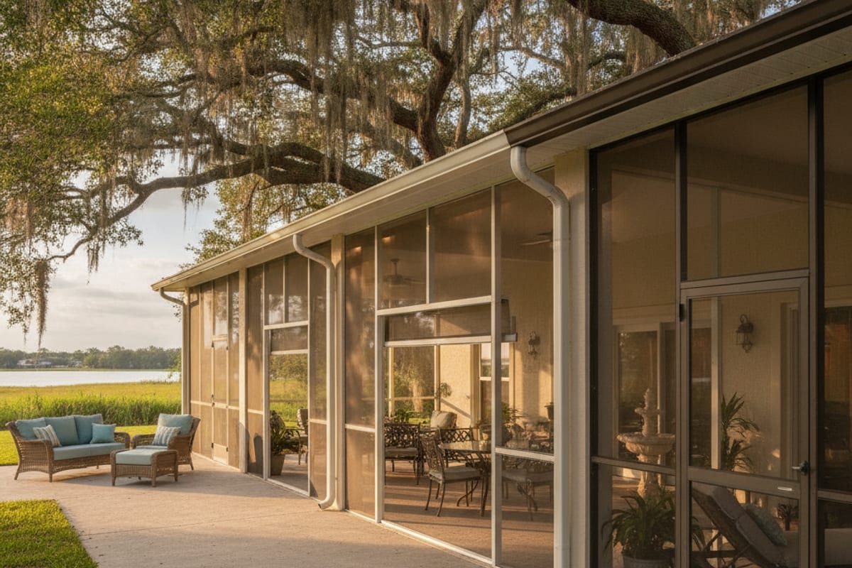 Outdoor patio with multiple enclosure styles visible: a screened section, a vinyl panel section, and a glass panel section at a Polk County home