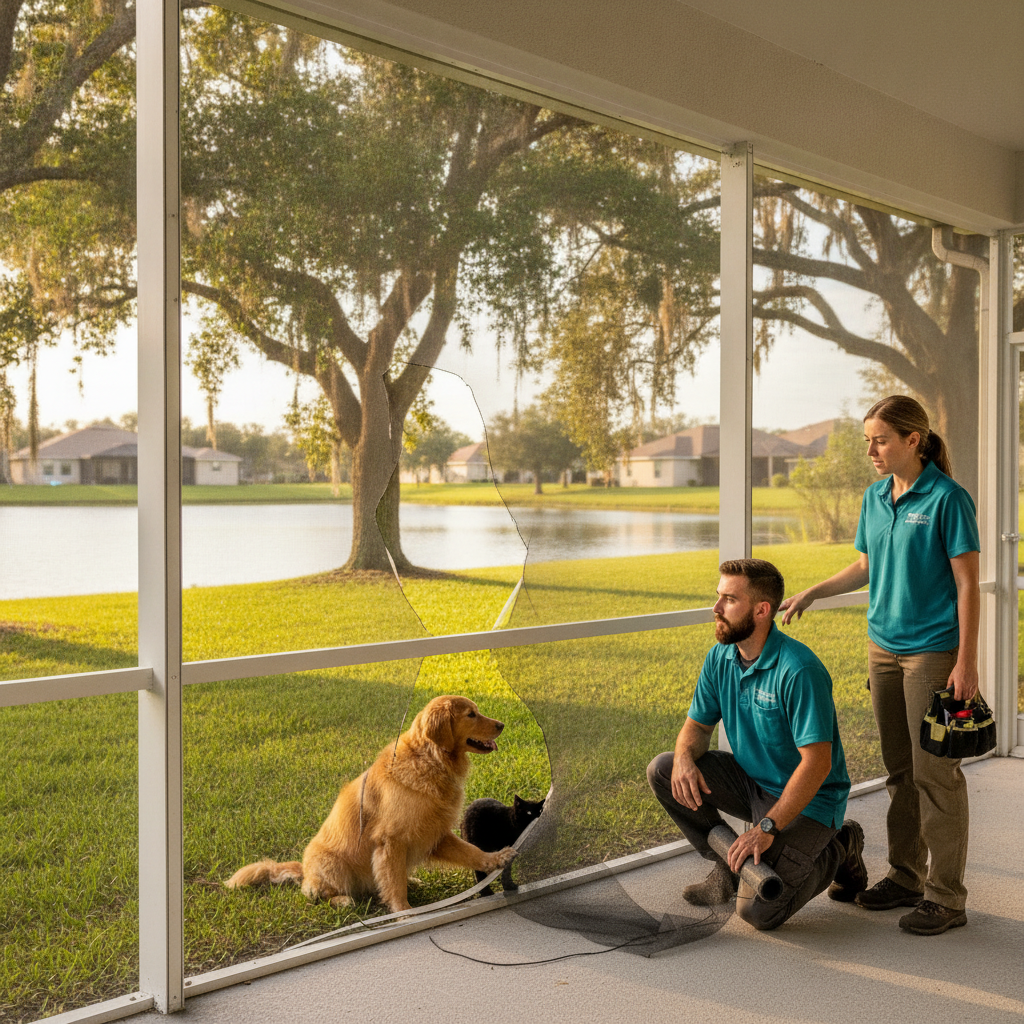 Torn lower patio screen panel hanging from an aluminum lanai frame in Lakeland