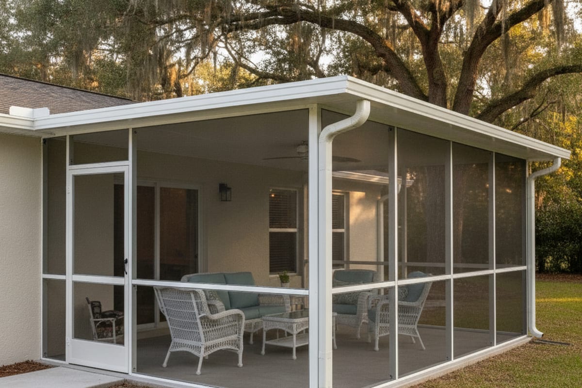 Aluminum screen room with self-closing door on a rear patio at a Lakeland home