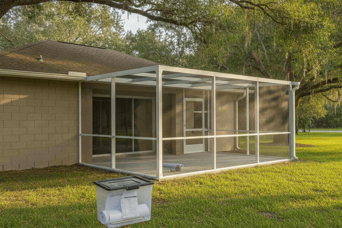 White aluminum screen enclosure on a rear patio slab at a Polk County, Florida home, with a clear permit box holding drawings staked in the lawn in front of it