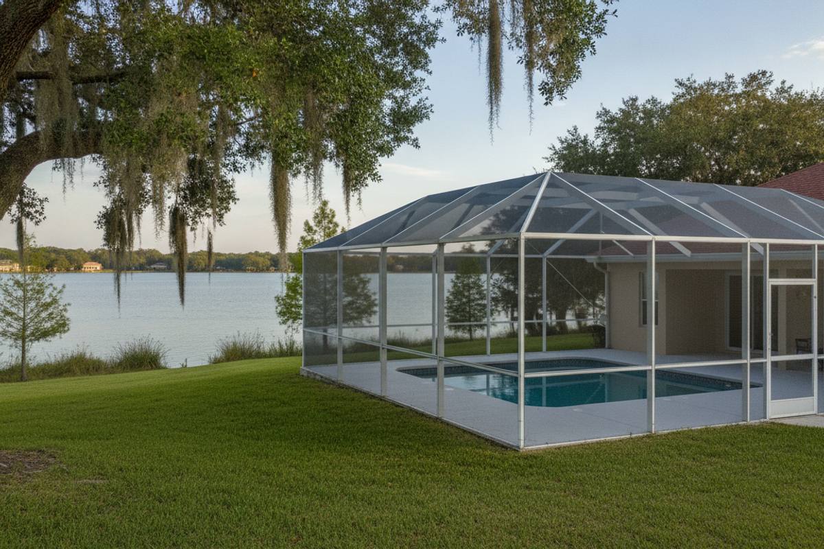 Aluminum pool cage on a lakefront lot in Polk County with open water and a low shoreline behind it