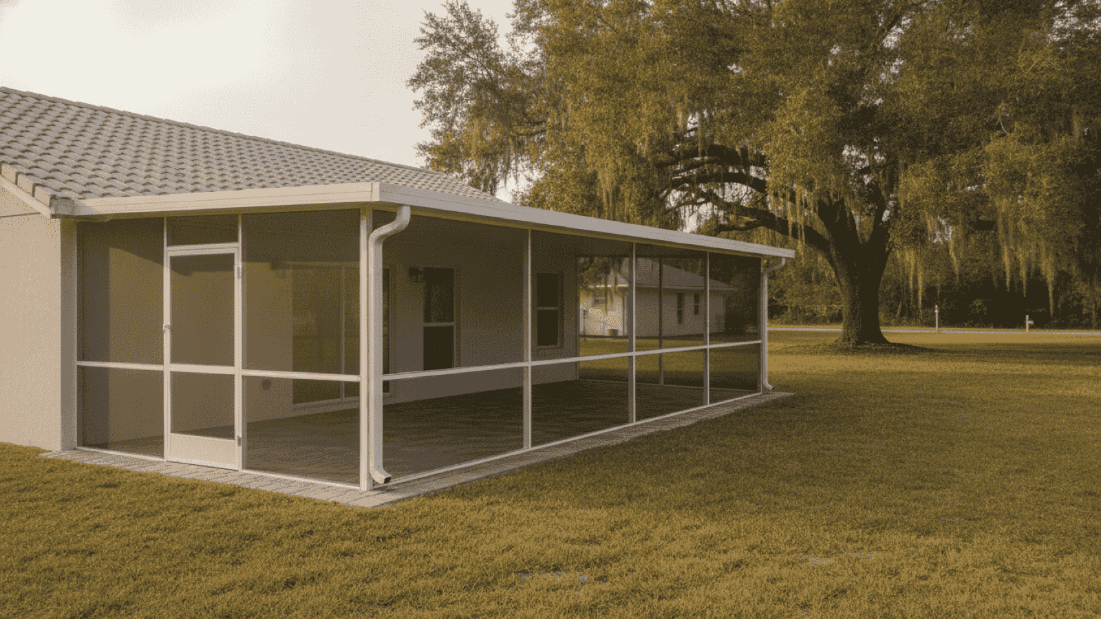 White aluminum screen enclosure with a solid roof panel and a hinged screen door, attached to the back of a single-story Polk County home over a paver patio, with an open lawn and a moss-draped live oak beyond it in warm late-day light