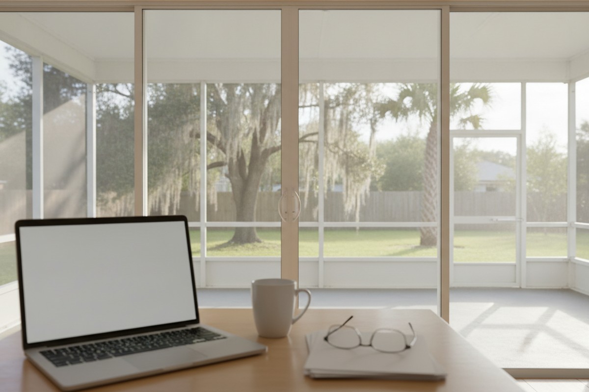 Open laptop, coffee mug, glasses, and papers on a desk in front of sliding doors looking onto a screened lanai