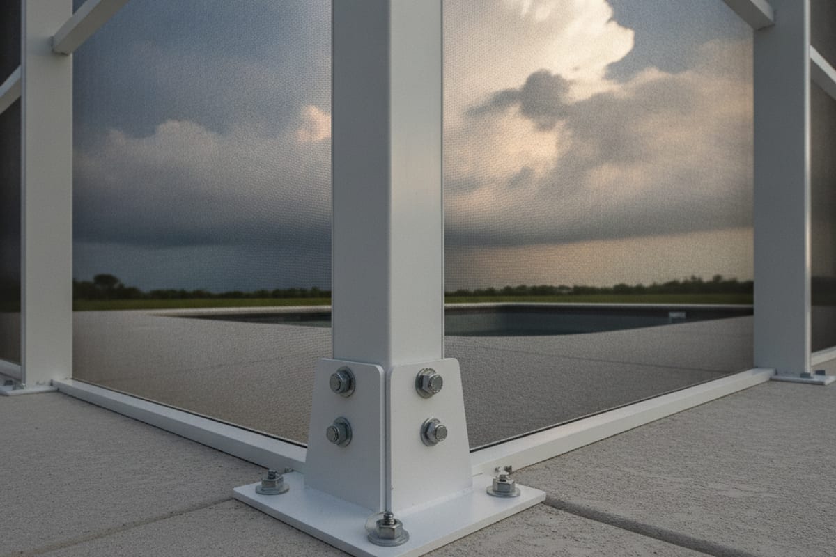 Aluminum pool cage frame anchored to a concrete pool deck at a Polk County home