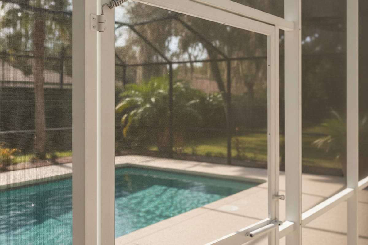 Self closing screen door with a high latch in an aluminum pool enclosure frame