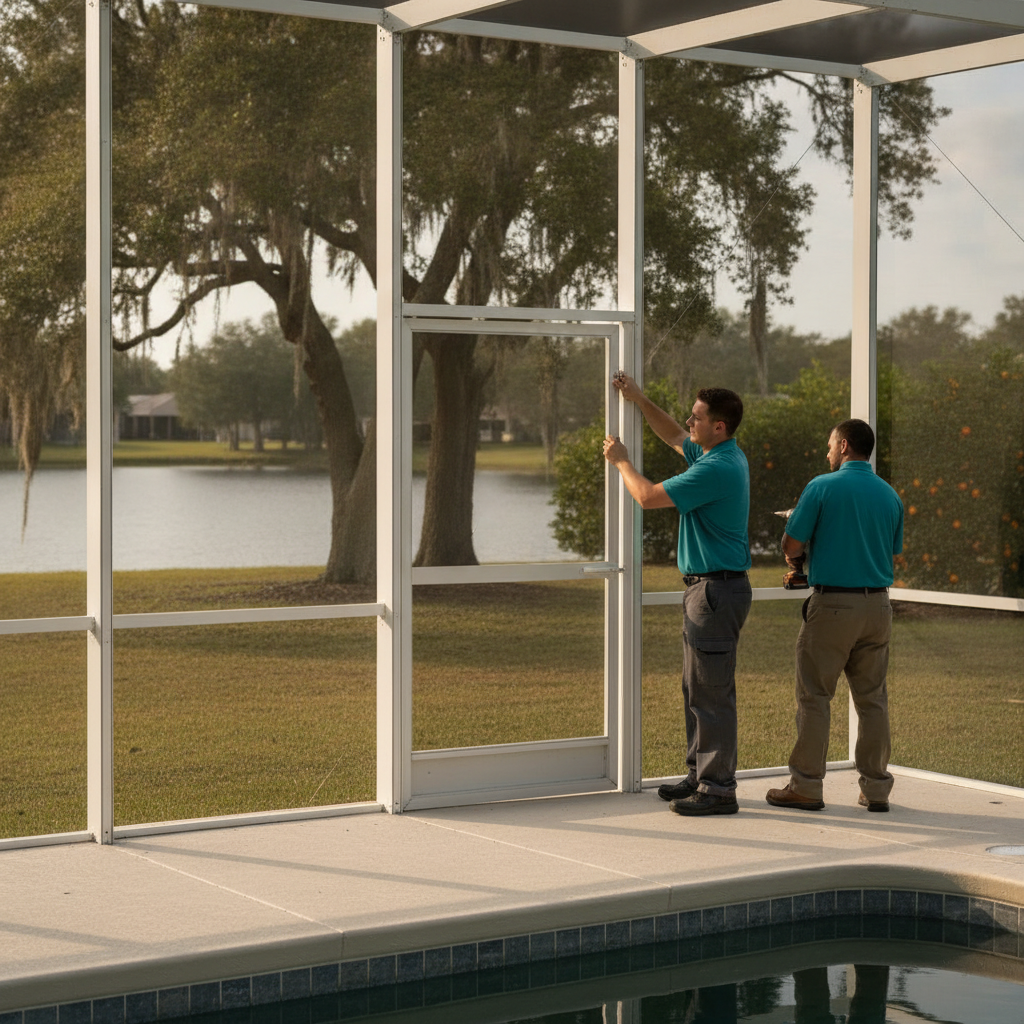 Aluminum pool cage door with kickplate and latch on a Polk County home