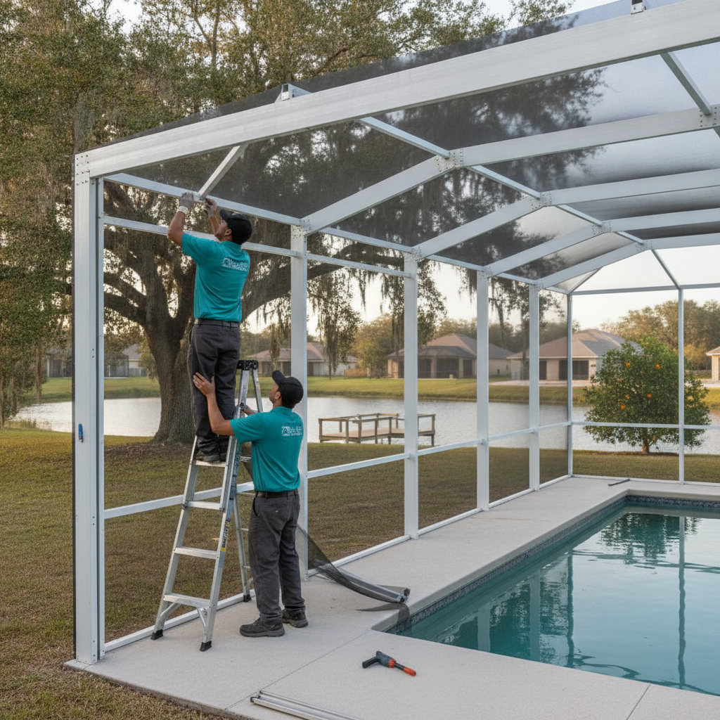 Screened aluminum pool cage over a backyard pool at a Lakeland home