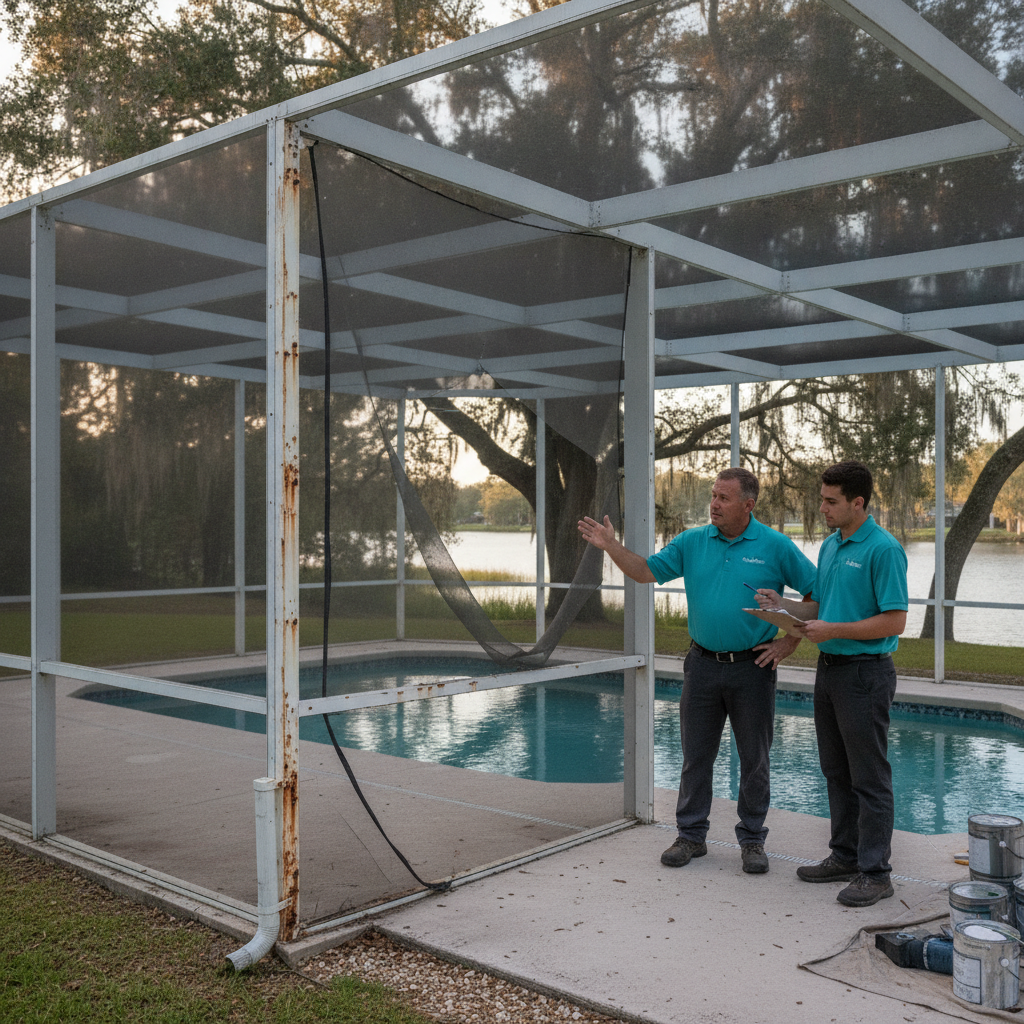 Brown rust streaks from steel screws running down a white aluminum pool cage frame in Lakeland