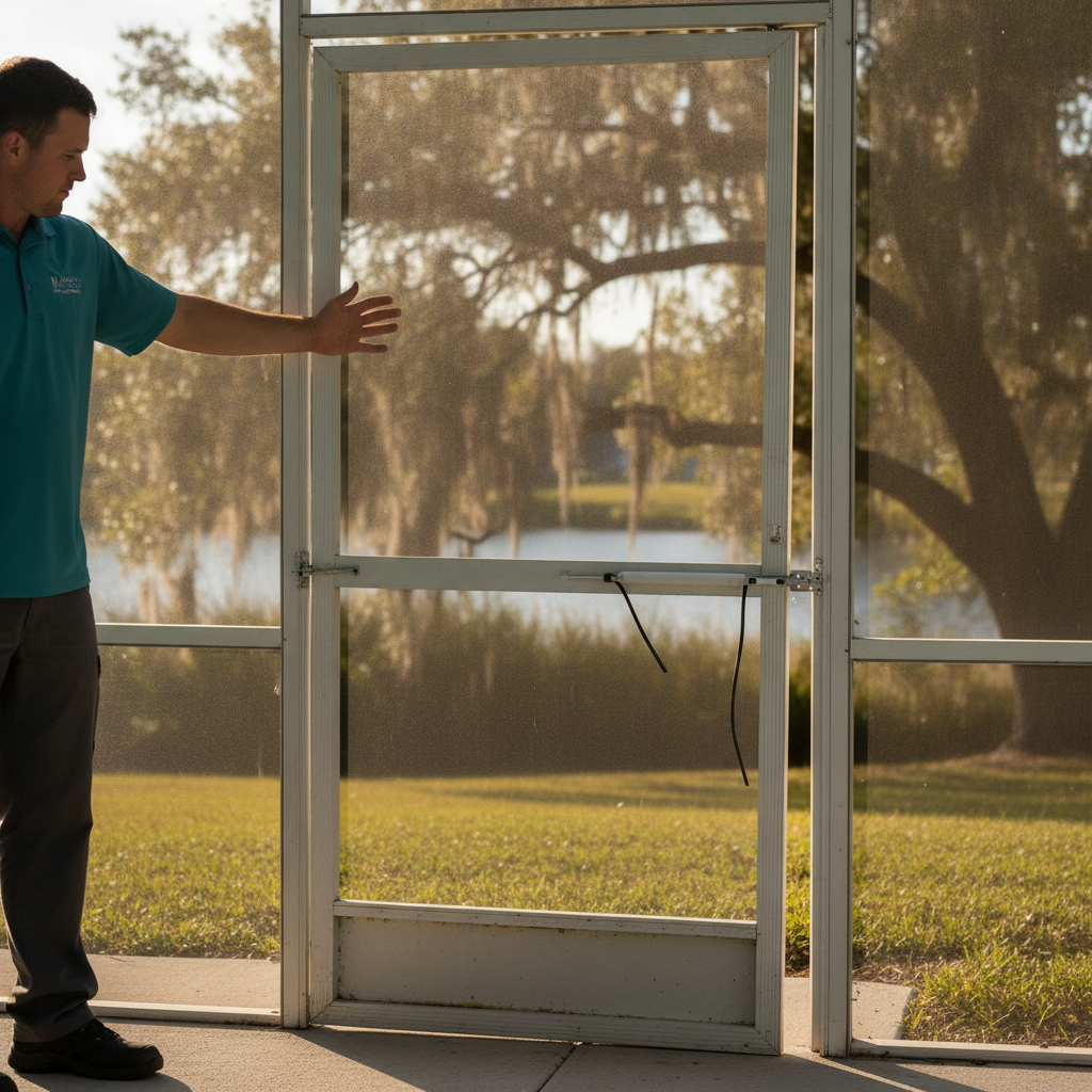 Lakeland pool cage door standing ajar with the closer and latch visible on the aluminum frame