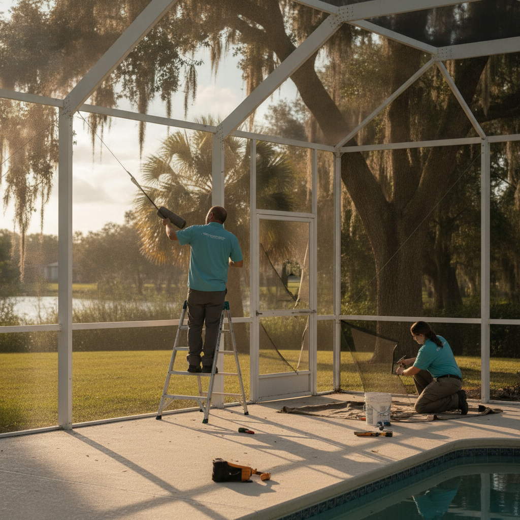 Homeowner inspecting a torn pool cage screen panel on a Lakeland backyard enclosure