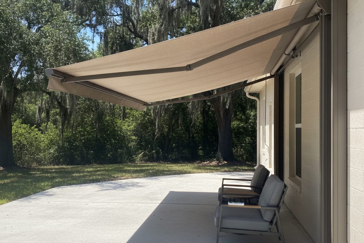 Motorized retractable patio awning in the closed position above a Polk County home during afternoon sun