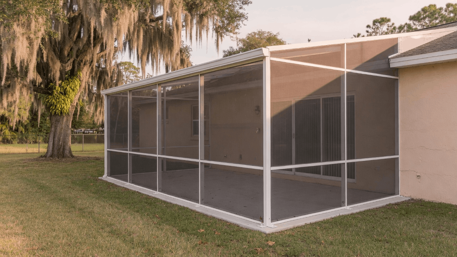 White aluminum screen enclosure over an empty patio on a Polk County home, moss-draped live oak in the yard