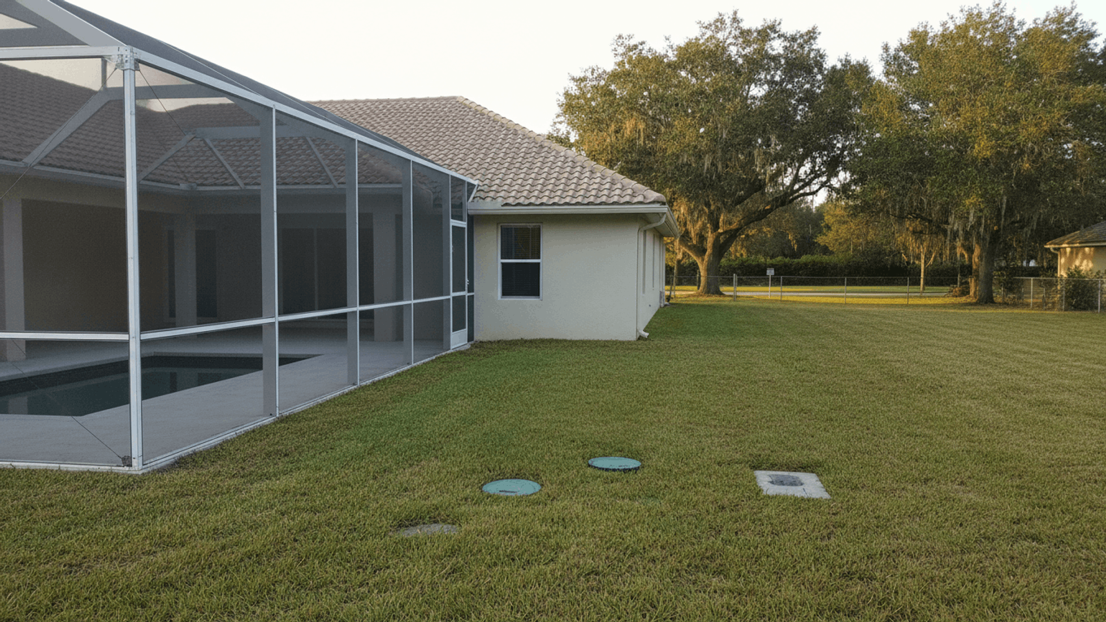 An open mowed lawn beside a finished white aluminum pool enclosure, with two green septic lids and a concrete cover set flush in the grass