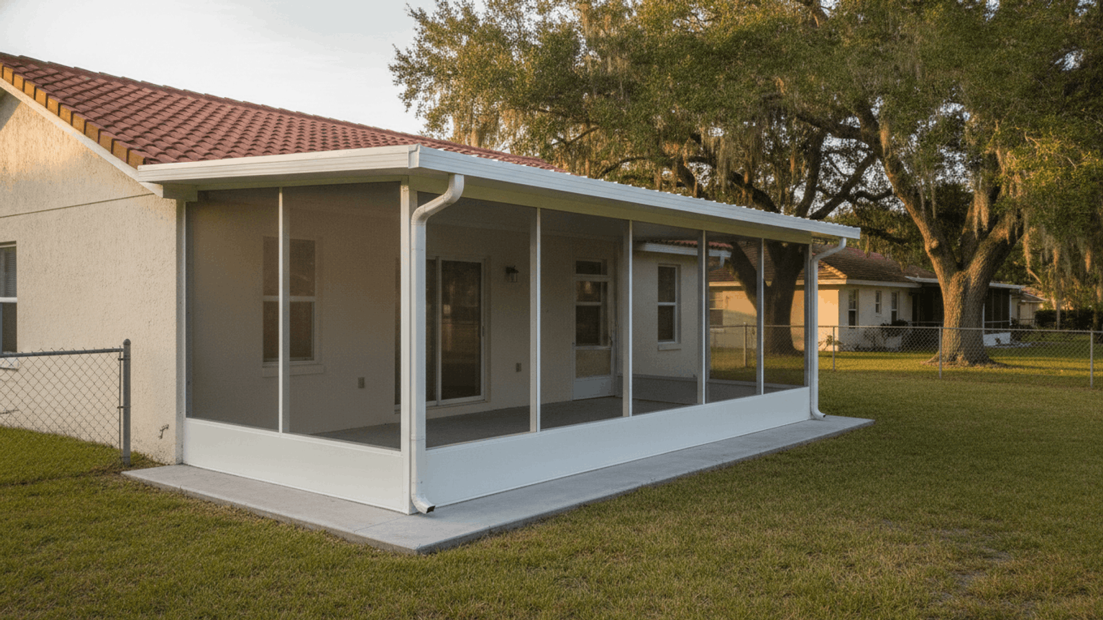 Finished white aluminum screen enclosure on the back of a Central Florida single-story house, seen from the backyard lawn