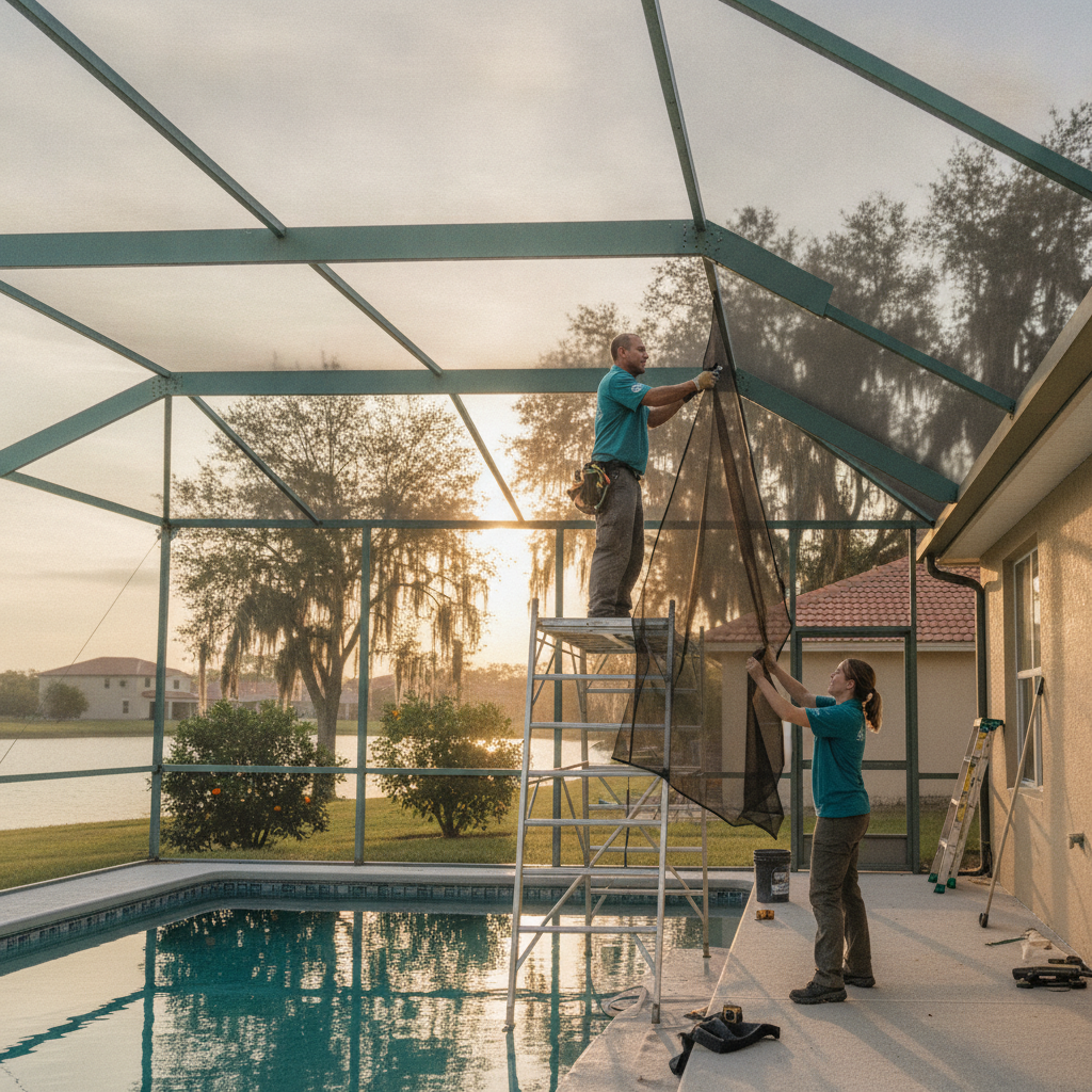 Sun-bleached Lake Wales pool cage with a torn south screen panel