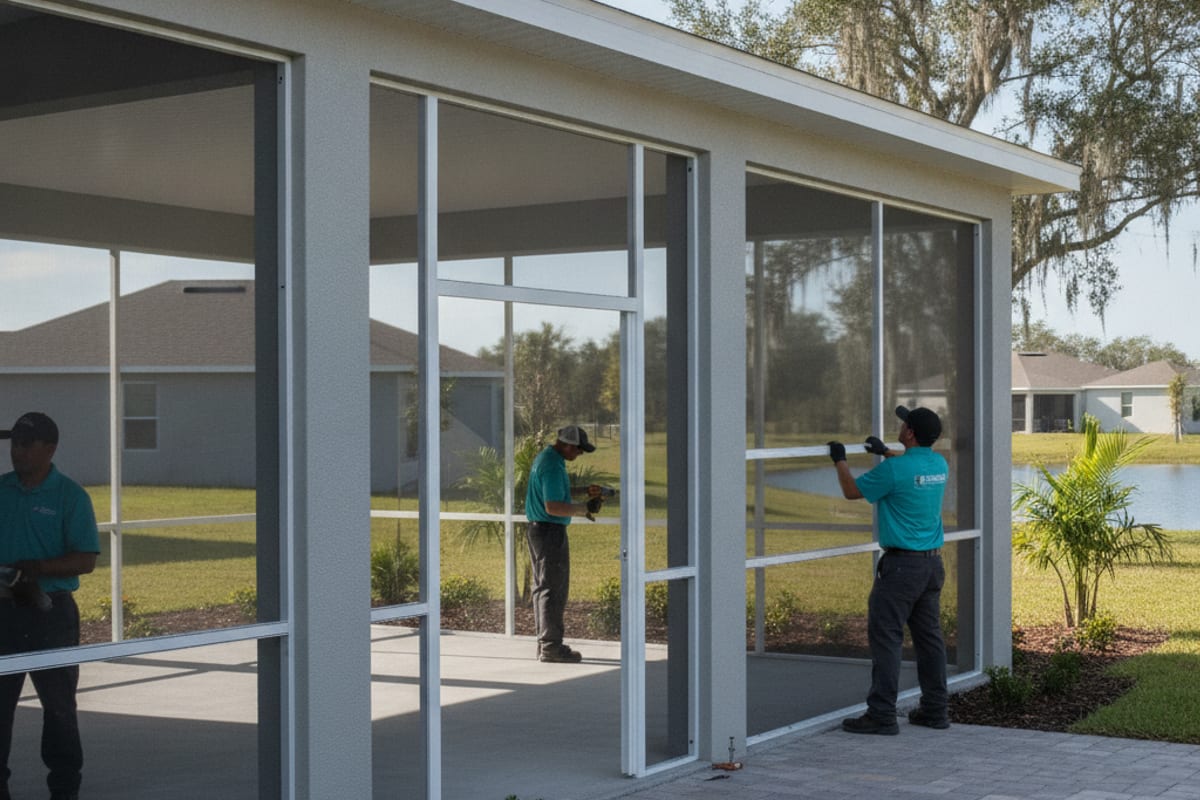 Covered lanai on a new construction Polk County home being framed for screen panels